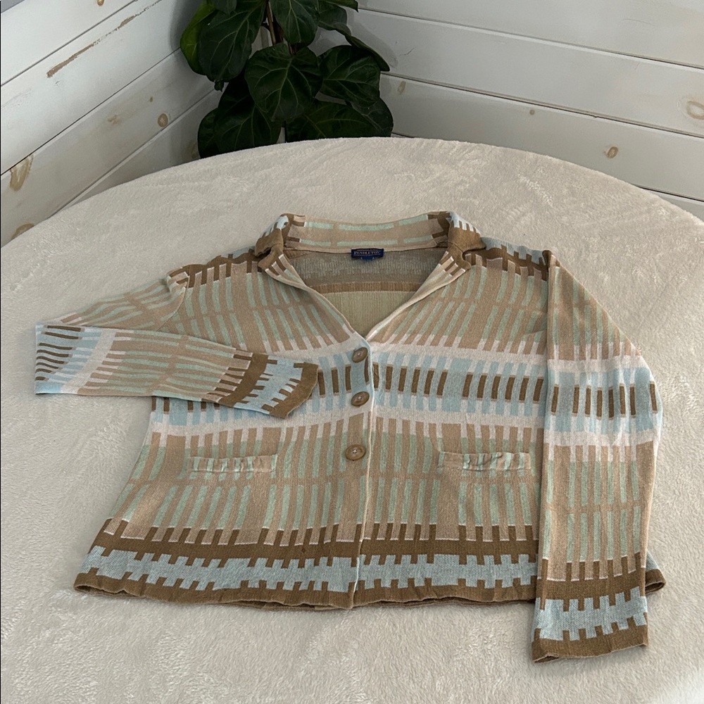 Pendleton Linen Blend Beige and Blue Patterned Cardigan. Size L